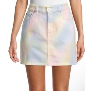 GANNI Pastel Tie Dye Denim Mini Skirt Watercolor Pink Blue Yellow Size EU 38